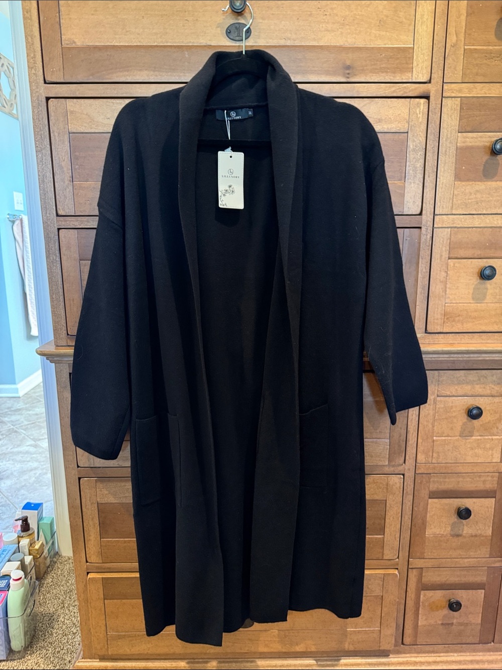Open-Front Black Longline Cardigan with Patch Pockets
